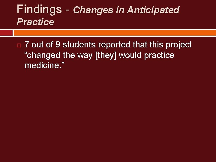 Findings - Changes in Anticipated Practice 7 out of 9 students reported that this