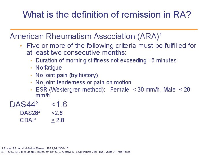 What is the definition of remission in RA? American Rheumatism Association (ARA)¹ • Five