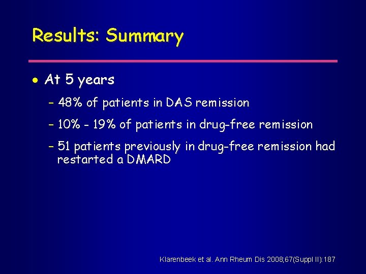 Results: Summary · At 5 years – 48% of patients in DAS remission –