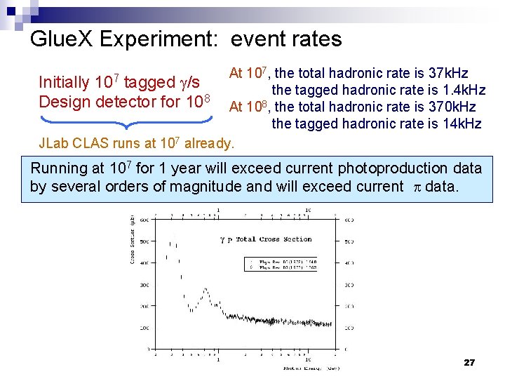 Glue. X Experiment: event rates At 107, the total hadronic rate is 37 k.