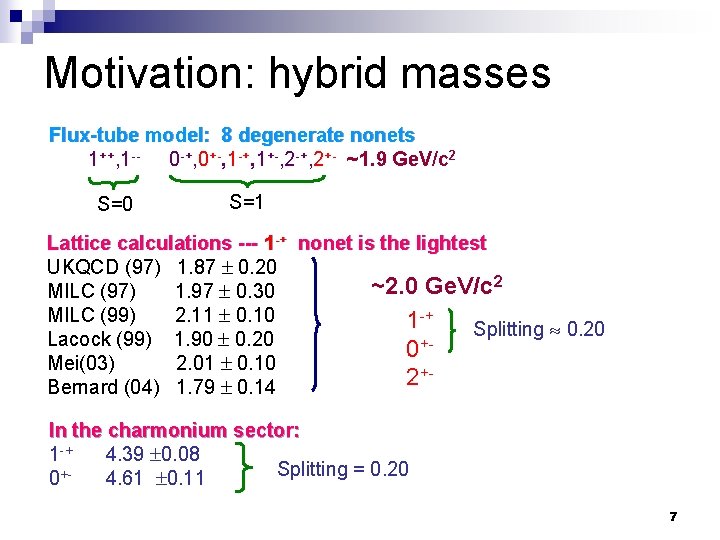 Motivation: hybrid masses Flux-tube model: 8 degenerate nonets 1++, 1 -- 0 -+, 0+-,