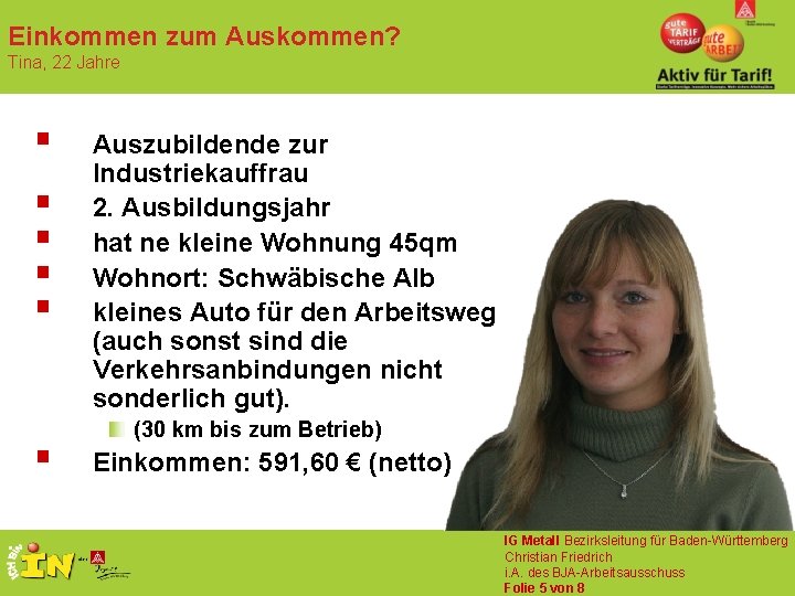 Einkommen zum Auskommen? Tina, 22 Jahre § § § Auszubildende zur Industriekauffrau 2. Ausbildungsjahr