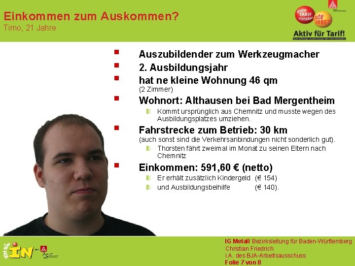 Einkommen zum Auskommen? Timo, 21 Jahre § § Auszubildender zum Werkzeugmacher 2. Ausbildungsjahr hat