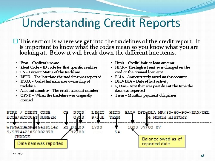 Understanding Credit Reports � This section is where we get into the tradelines of