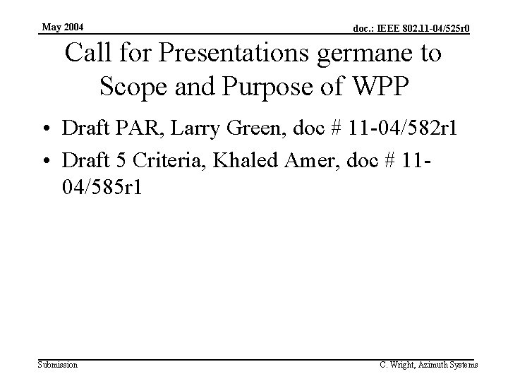 May 2004 doc. : IEEE 802. 11 -04/525 r 0 Call for Presentations germane