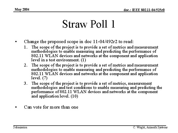 May 2004 doc. : IEEE 802. 11 -04/525 r 0 Straw Poll 1 •