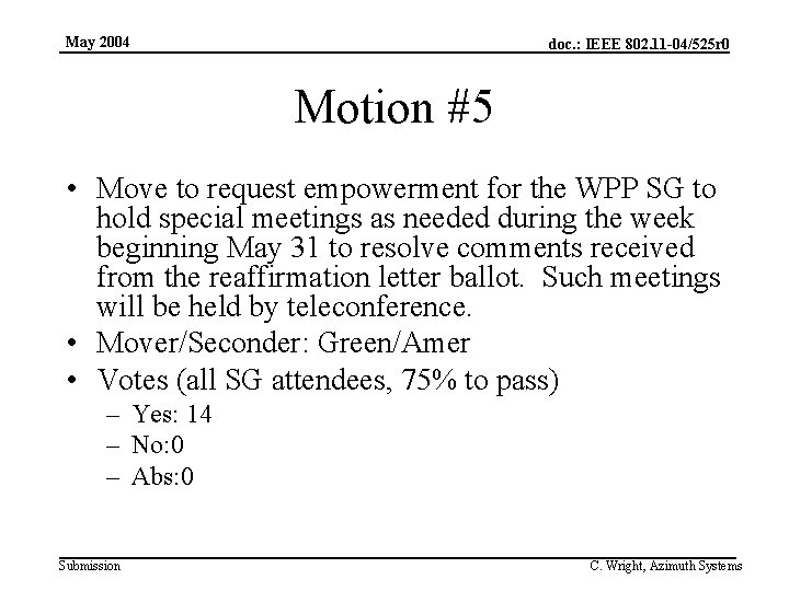 May 2004 doc. : IEEE 802. 11 -04/525 r 0 Motion #5 • Move