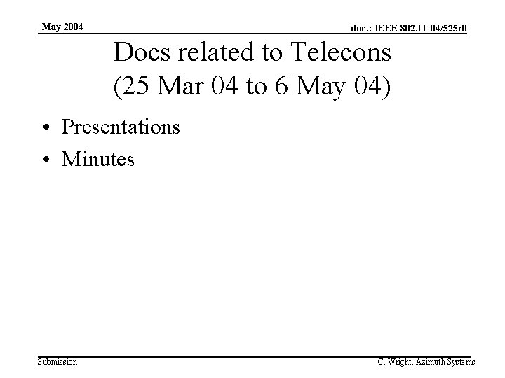 May 2004 doc. : IEEE 802. 11 -04/525 r 0 Docs related to Telecons