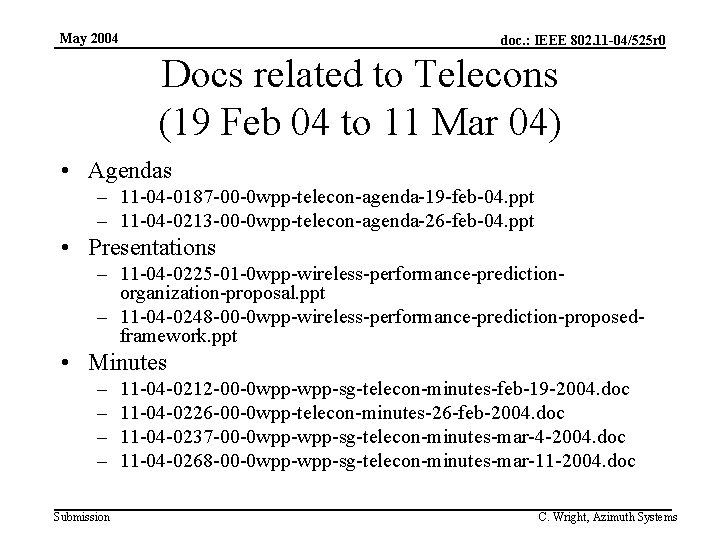 May 2004 doc. : IEEE 802. 11 -04/525 r 0 Docs related to Telecons