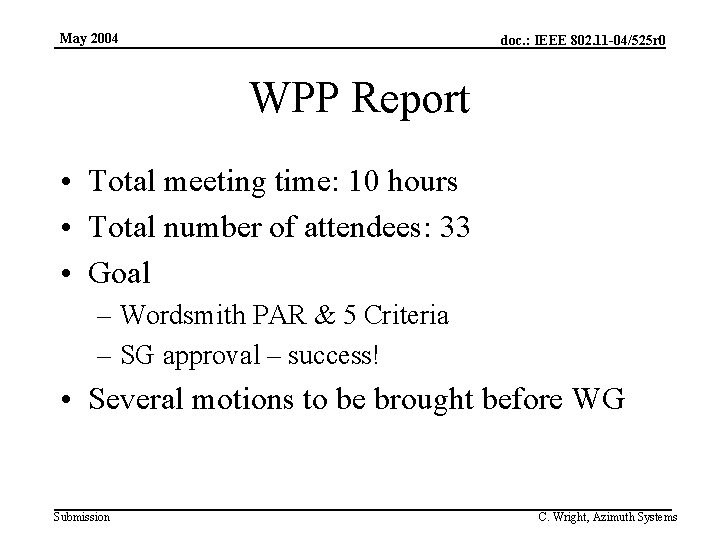 May 2004 doc. : IEEE 802. 11 -04/525 r 0 WPP Report • Total