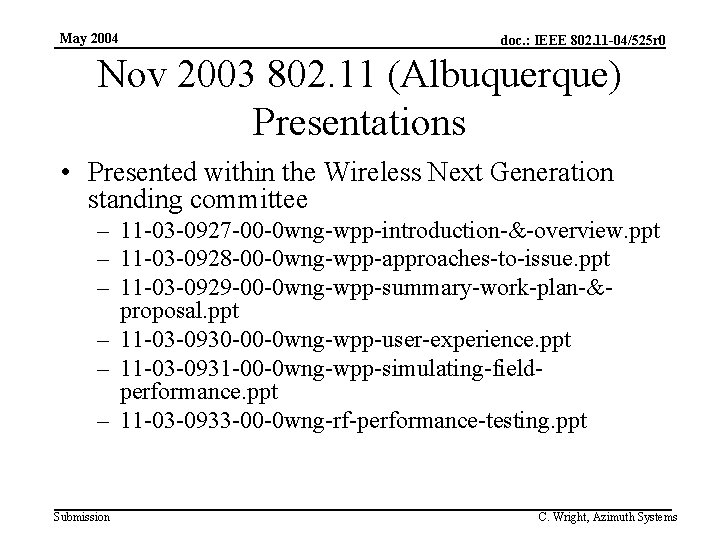 May 2004 doc. : IEEE 802. 11 -04/525 r 0 Nov 2003 802. 11