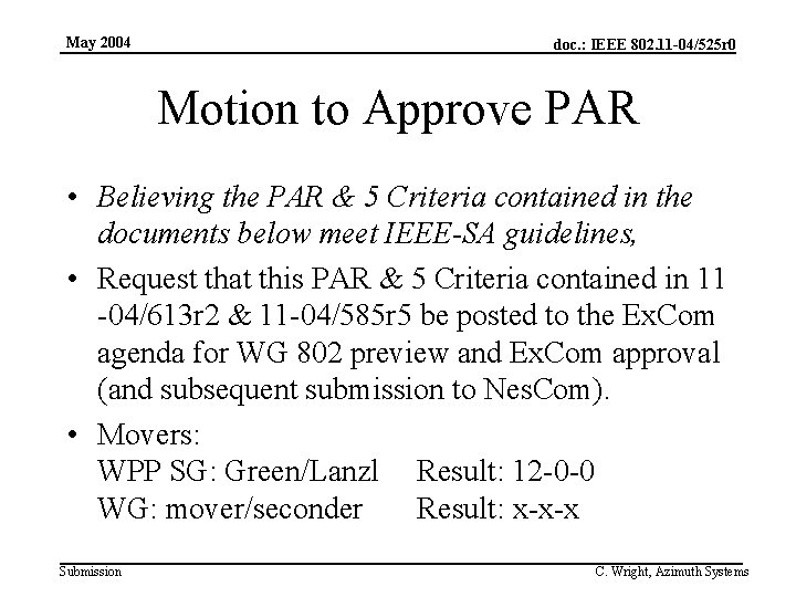 May 2004 doc. : IEEE 802. 11 -04/525 r 0 Motion to Approve PAR