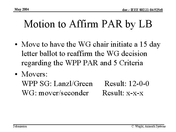 May 2004 doc. : IEEE 802. 11 -04/525 r 0 Motion to Affirm PAR