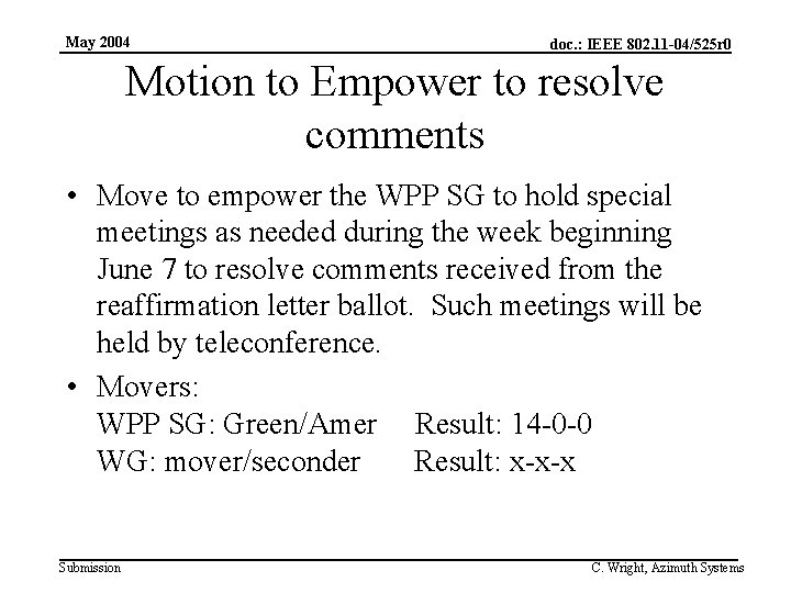 May 2004 doc. : IEEE 802. 11 -04/525 r 0 Motion to Empower to