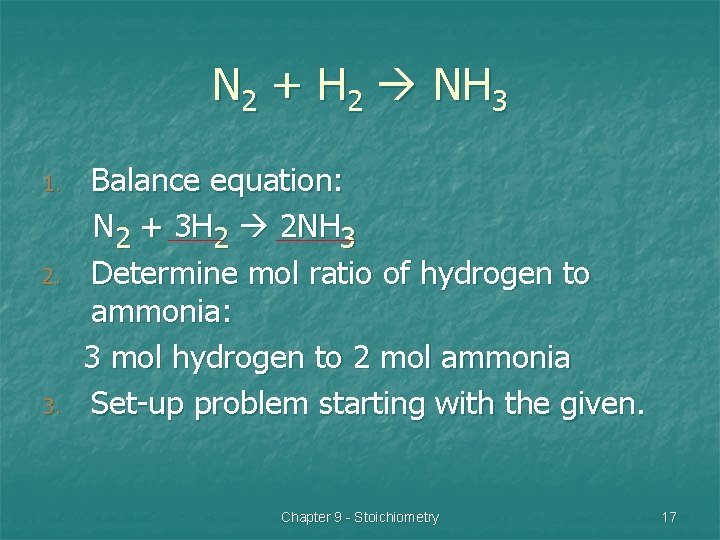N 2 + H 2 NH 3 1. 2. 3. Balance equation: N 2
