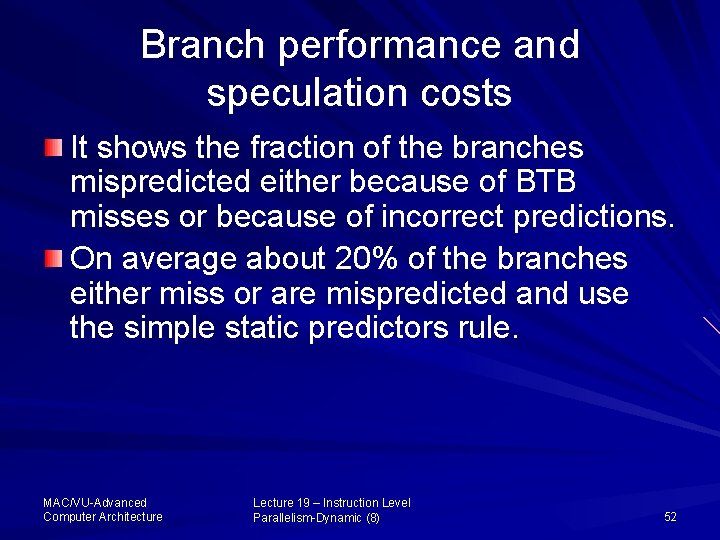 Branch performance and speculation costs It shows the fraction of the branches mispredicted either