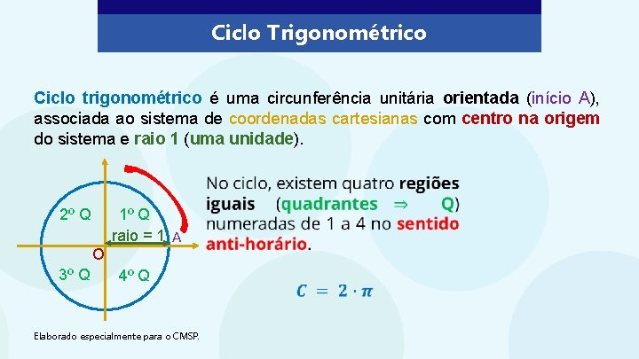 Ciclo Trigonométrico Ciclo trigonométrico é uma circunferência unitária orientada (início A), associada ao sistema