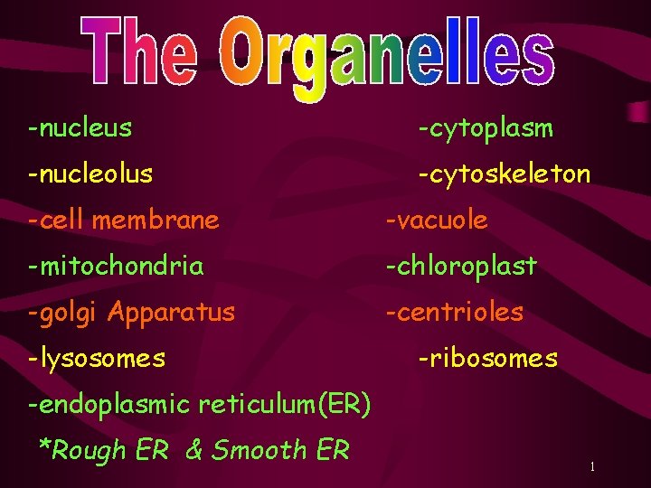 -nucleus -cytoplasm -nucleolus -cytoskeleton -cell membrane -vacuole -mitochondria -chloroplast -golgi Apparatus -centrioles -lysosomes -ribosomes