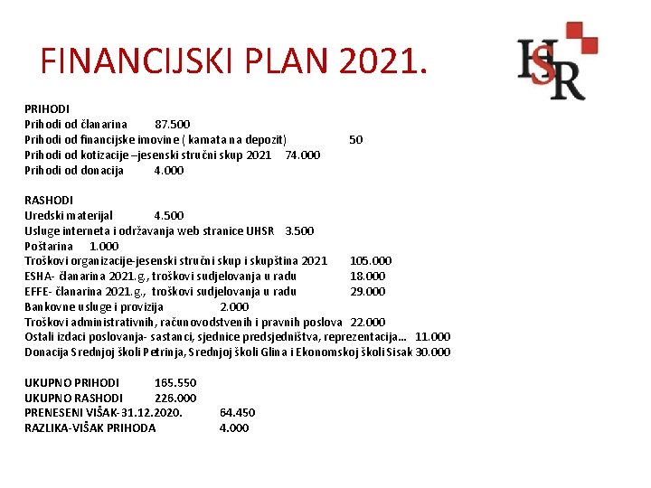 FINANCIJSKI PLAN 2021. PRIHODI Prihodi od članarina 87. 500 Prihodi od financijske imovine (
