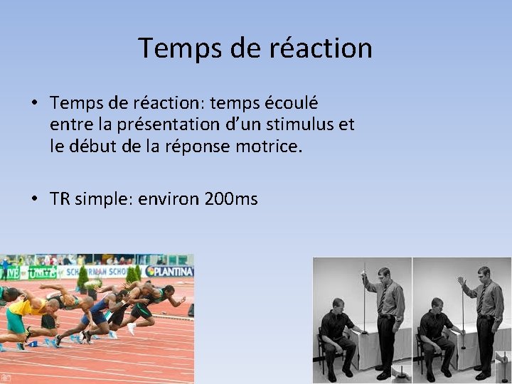 Temps de réaction • Temps de réaction: temps écoulé entre la présentation d’un stimulus