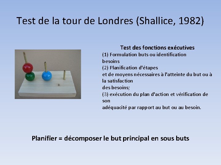 Test de la tour de Londres (Shallice, 1982) Test des fonctions exécutives (1) Formulation