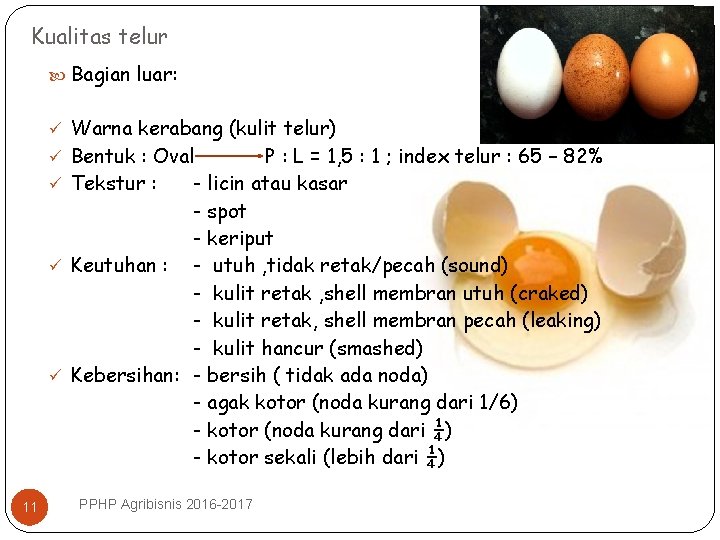 Kualitas telur Bagian luar: ü Warna kerabang (kulit telur) ü Bentuk : Oval P