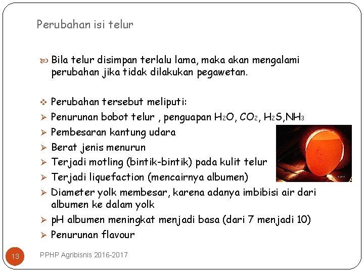 Perubahan isi telur Bila telur disimpan terlalu lama, maka akan mengalami perubahan jika tidak