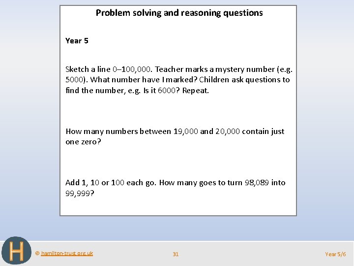 Problem solving and reasoning questions Year 5 Sketch a line 0– 100, 000. Teacher