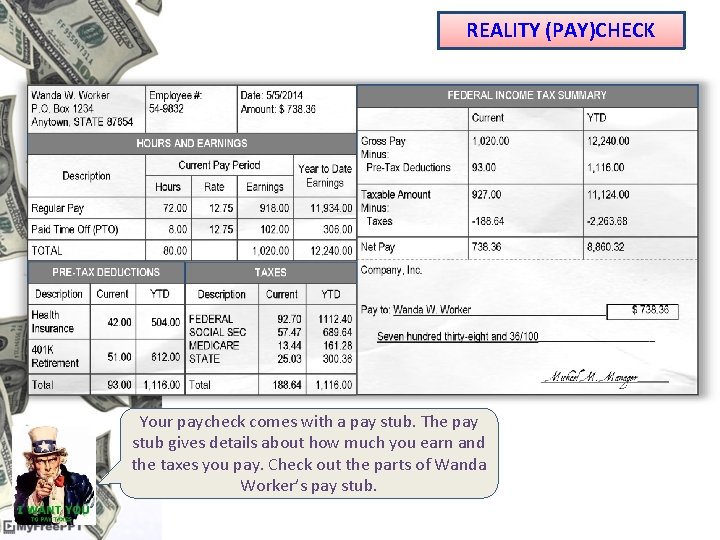 REALITY (PAY)CHECK Your paycheck comes with a pay stub. The pay stub gives details