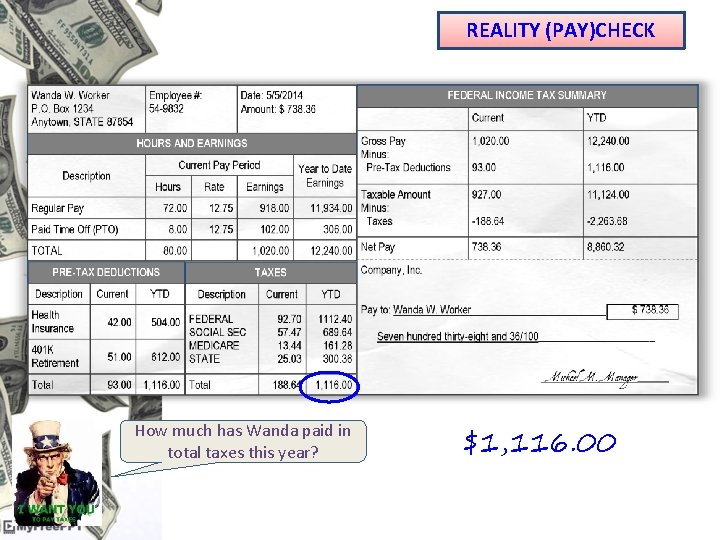 REALITY (PAY)CHECK How much has Wanda paid in total taxes this year? $1, 116.