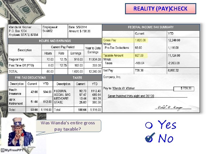 REALITY (PAY)CHECK Was Wanda’s entire gross pay taxable? Yes No 