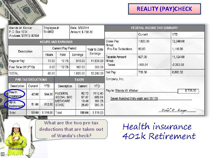 REALITY (PAY)CHECK What are the two pre-tax deductions that are taken out of Wanda’s