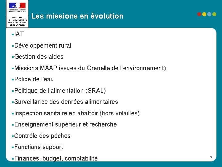 Les missions en évolution IAT Développement Gestion des aides Missions Police rural MAAP issues