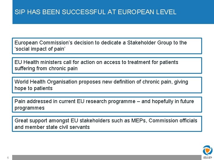 SIP HAS BEEN SUCCESSFUL AT EUROPEAN LEVEL European Commission’s decision to dedicate a Stakeholder
