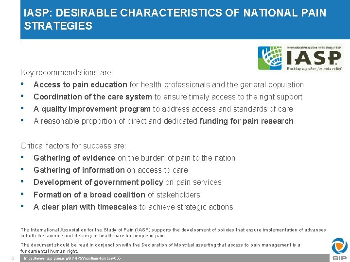 IASP: DESIRABLE CHARACTERISTICS OF NATIONAL PAIN STRATEGIES Key recommendations are: • • Access to