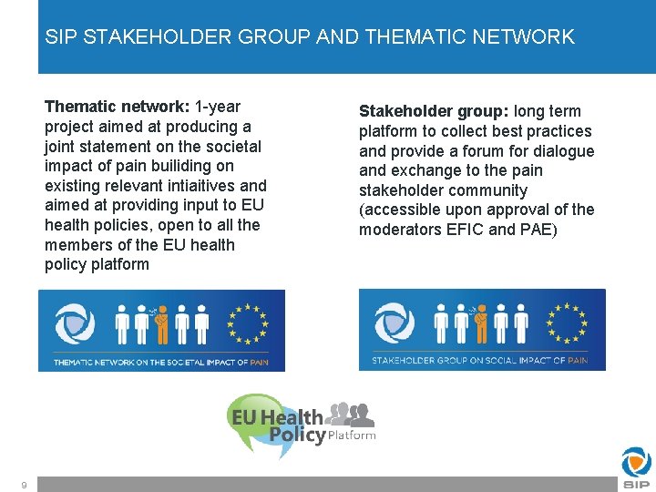 SIP STAKEHOLDER GROUP AND THEMATIC NETWORK Thematic network: 1 -year project aimed at producing