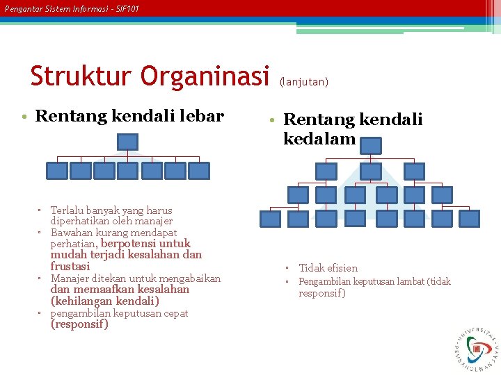 Pengantar Sistem Informasi – SIF 101 Struktur Organinasi • Rentang kendali lebar (lanjutan) •