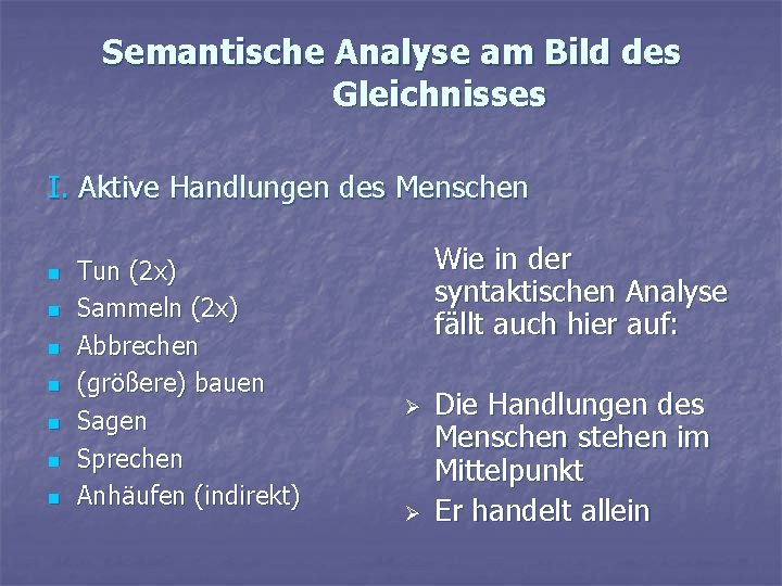 Semantische Analyse am Bild des Gleichnisses I. Aktive Handlungen des Menschen n n n