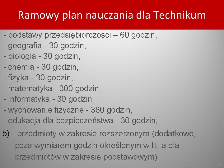 Ramowy plan nauczania dla Technikum - podstawy przedsiębiorczości – 60 godzin, - geografia -