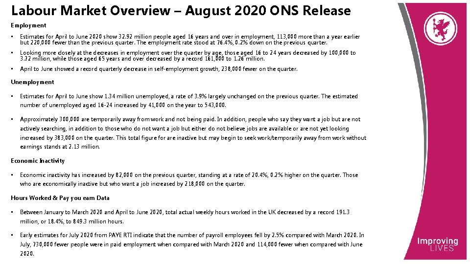 Labour Market Overview – August 2020 ONS Release Employment • Estimates for April to