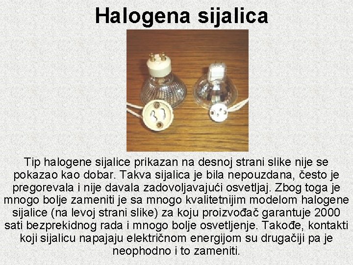 Halogena sijalica Tip halogene sijalice prikazan na desnoj strani slike nije se pokazao kao