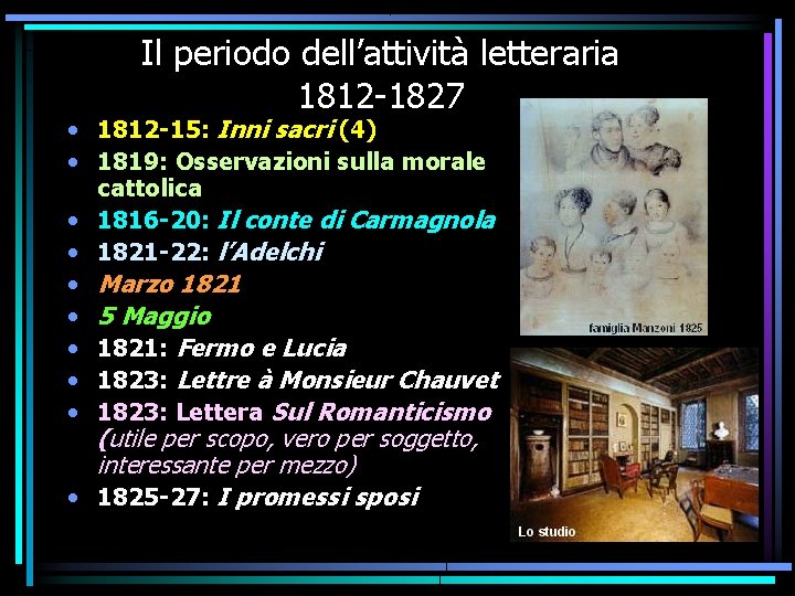 Il periodo dell’attività letteraria 1812 -1827 • 1812 -15: Inni sacri (4) • 1819: