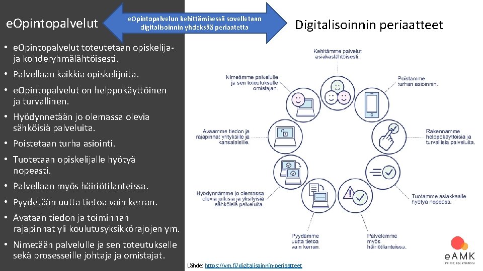 e. Opintopalvelut e. Opintopalvelun kehittämisessä sovelletaan digitalisoinnin yhdeksää periaatetta Digitalisoinnin periaatteet • e. Opintopalvelut