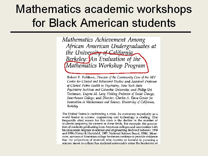 Mathematics academic workshops for Black American students 
