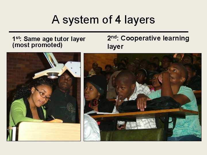 A system of 4 layers 1 st: Same age tutor layer (most promoted) 2