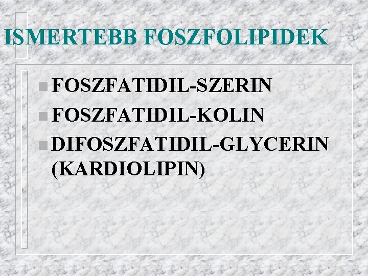 ISMERTEBB FOSZFOLIPIDEK n FOSZFATIDIL-SZERIN n FOSZFATIDIL-KOLIN n DIFOSZFATIDIL-GLYCERIN (KARDIOLIPIN) 