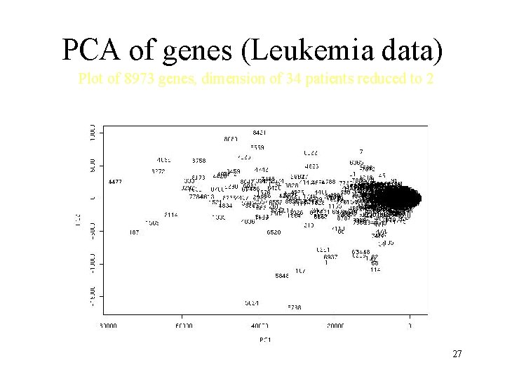 PCA of genes (Leukemia data) Plot of 8973 genes, dimension of 34 patients reduced