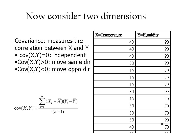 Now consider two dimensions Covariance: measures the correlation between X and Y • cov(X,