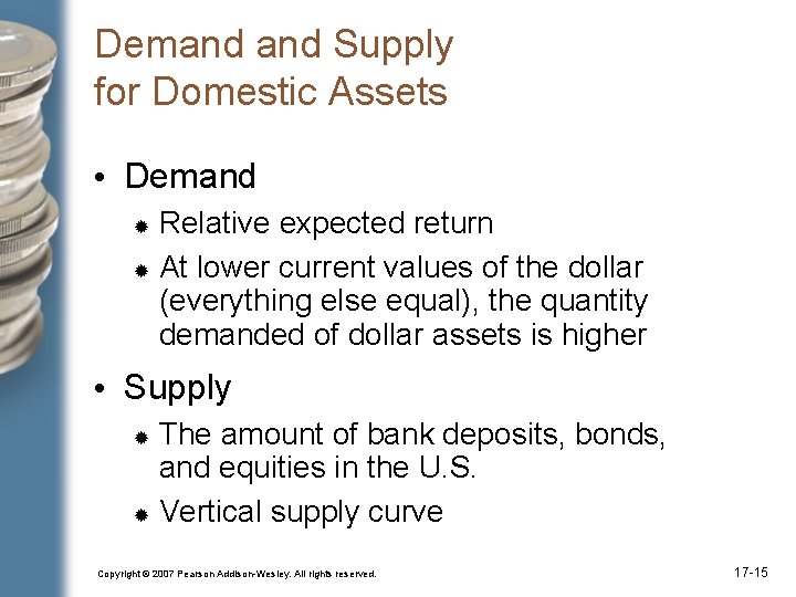 Demand Supply for Domestic Assets • Demand Relative expected return At lower current values