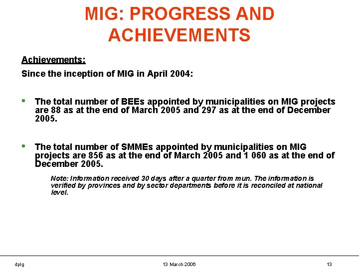 MIG: PROGRESS AND ACHIEVEMENTS Achievements: Since the inception of MIG in April 2004: •